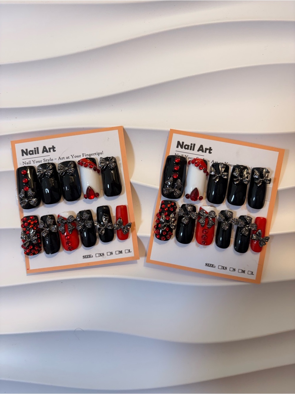 Black & Red 3D Bow Rhinestone Nail Set
